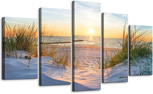 Canvas Wall Art For Living Room Large Size Wall Decor For Bedrooms Beach Grass Blue Ocean Landscape Painting Office Wall Decorations Seascape Print Canvas Pictures Artwork Home Decor Works 5 Piece