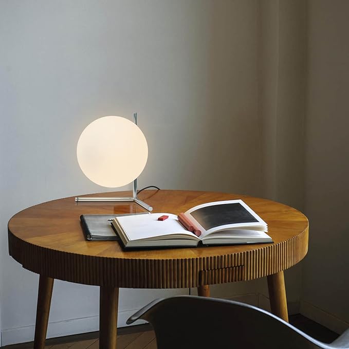 BOKT Modern Globe Table Lamp Chrome Simple Desk Lamp Bedside Nightstand Small Lamp Nordic Creative Design White Glass Ball Reading Lights for Study Living Room Bedroom Children Room Cabinet Farmhouse