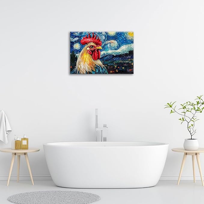 Olivine Rooster Wall Art, Vintage Chicken Pictures Wall Decor, Starry Night Painting Farmhouse Rooster Canvas Prints, Framed Artwork for Bathroom Bedroom Living Room Office Home Decoration 24"x16"