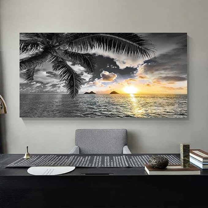 Bamdeya Wall Decor Bedroom Black and White Beach Wall Art Palm Sunset Seascape Pictures Wall Art Living Room Canvas Prints Art Ocean Room Decor Poster Painting Home Office Decoration Scenery Artwork