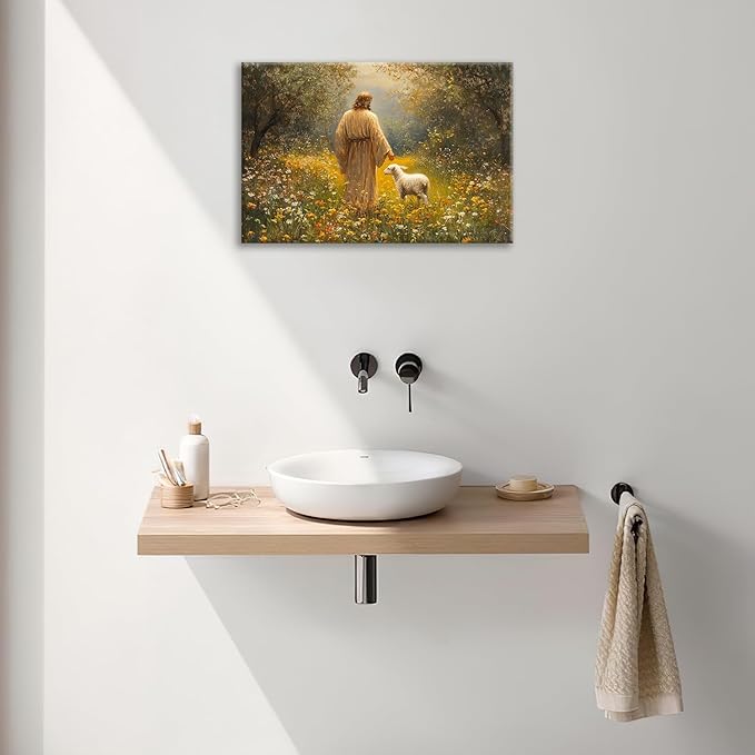 Olivine Christian Wall Art, Jesus Pictures Wall Decor, Lamb Painting, The Lost Sheep Canvas Prints, Framed Artwork for Kitchen Bathroom Bedroom Living Room Office Home Decoration 24"x16"
