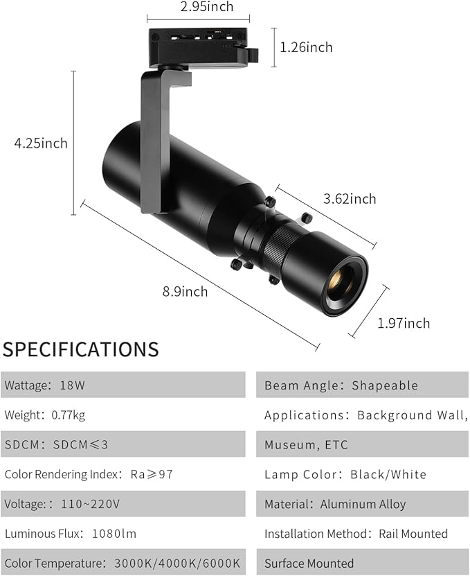 LED Dimmable Ceiling Spotlight, 18W Adjustable Aperture Shape Light, 2-Wire Track Dimming Zoom Light, Aluminum Indoor Monopoint Light for Museum Art Gallery Exhibition Art 2700K, GSWY0218