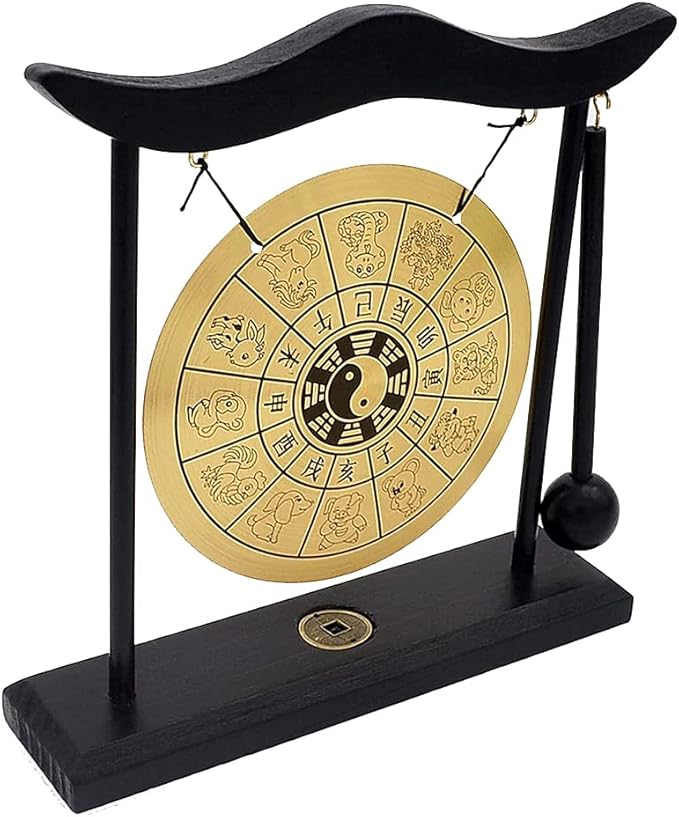 Hooshing Zen Art Brass Feng Shui Desktop Gong with Stand Asian Decor for Home Office Chinese Zodiac Signs