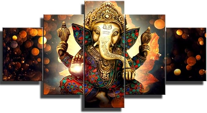 Large 5 Pieces Lord Ganesha Indian Wall Decor - Elephant Photo Picture Canvas Print Paintings for Living Room House Framed Decorations (60" W x 32" H)