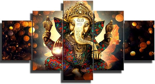 Large 5 Pieces Lord Ganesha Indian Wall Decor - Elephant Photo Picture Canvas Print Paintings for Living Room House Framed Decorations (60" W x 32" H)