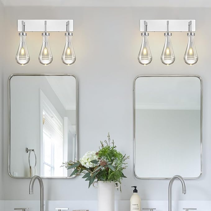 Raindrop Wall Sconces Chrome Crystal Sconces Wall Decor Modern Brass Lighting Glass Bathroom Sconces Indoor Vanity Light Wall Lamp for Bedroom Living Room Stair(3-Light)