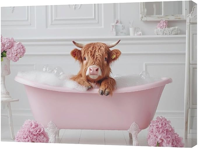 Bathroom Cow Wall Art Highland Cow Wall Decor Pink Pictures Canvas Painting Framed Artwork Home Decorations for Toilet Lavatory Living Room Bedroom 16"x12"