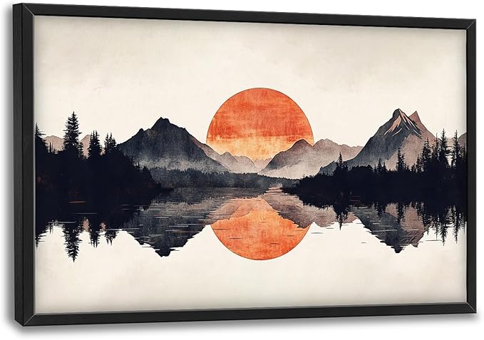SweetFox Large Forest Mountains Reflection Framed Wall Art for Living Room, Natural landscape Pictures Oversized Wall Decor Abstract Canvas Painting Print Artwork for Bathroom Bedroom 36L X 24W