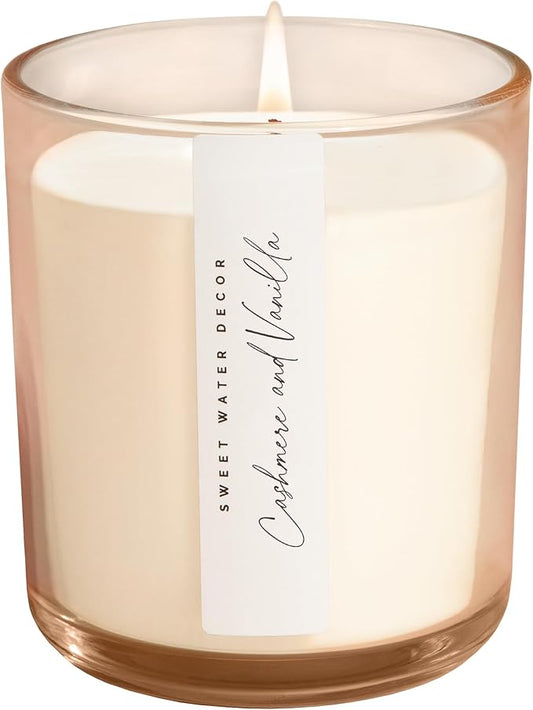 Sweet Water Decor Cashmere and Vanilla Scented Soy Candles – Milky Coconut, Jasmine, Soft Cashmere, Exotic Musk – Cozy Aroma – 50 Hour Burn – 12oz Tinted Glass Jar for Home Decor and Bedroom Decor