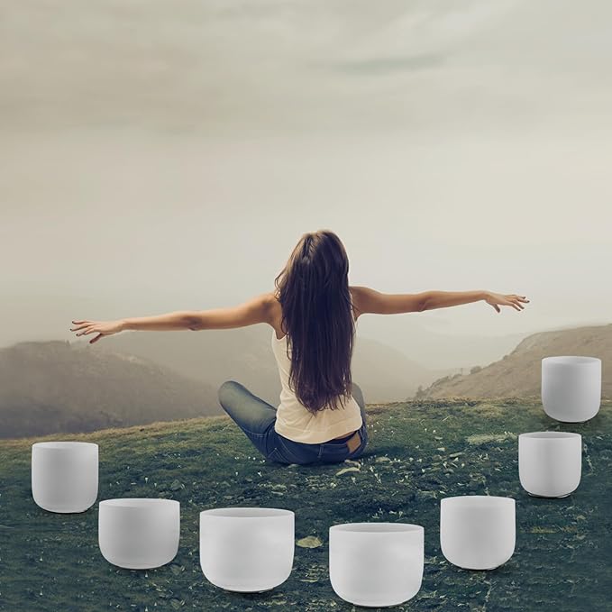 KRESEC 432Hz 6-12 Inch Crystal Singing Bowls Set of 7 – Chakra Tuned Quartz Sound Bowls for Meditation, Yoga, Reiki & Healing with Padded Cases, Suede Mallets & Silicone O-Rings