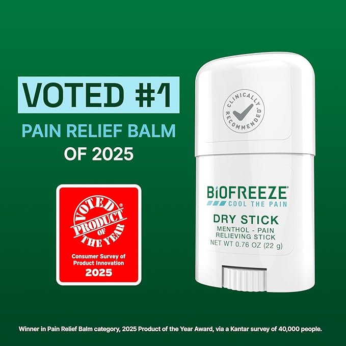 Biofreeze Dry Stick, Mess-Free Relief for Neck, Shoulder, Knee, Hip, Hand & Joint, Cooling Menthol Pain Relief Stick, 100+ Uses (0.76oz (Pack of3))