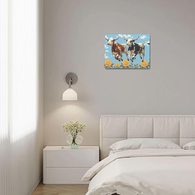 Longhorn Cow Wall Decor Funny Cow Canvas Wall Art Cute Cattle Pictures Painting Artwork Framed Decoration for Bedroom Bathroom Living Room Kitchen Dining Room Office 12"x16"