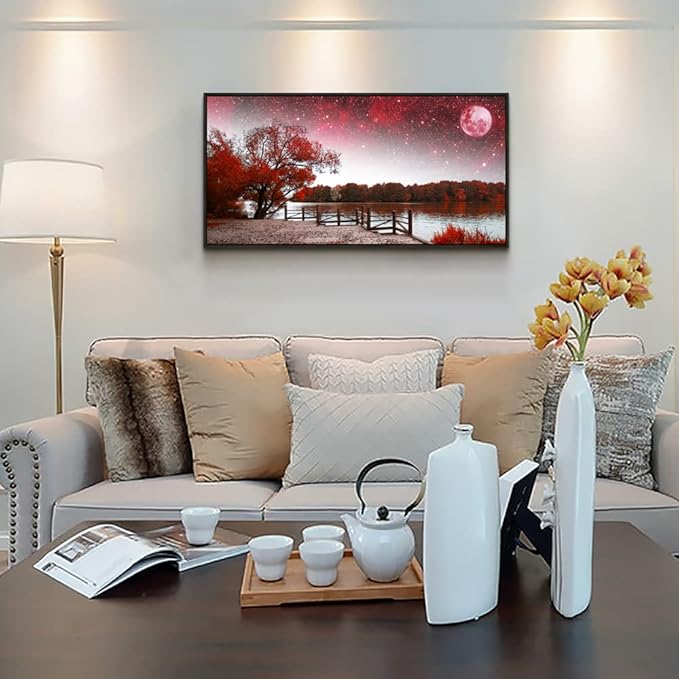 Framed Canvas Wall Art For Living Room Large Size Wall Decor For Bedroom Red Tree Moon Wall Pictures Starry Sky Landscape Wall Painting Office Decor Girl'S Room Home Decoration Black Framed 24" X 48"