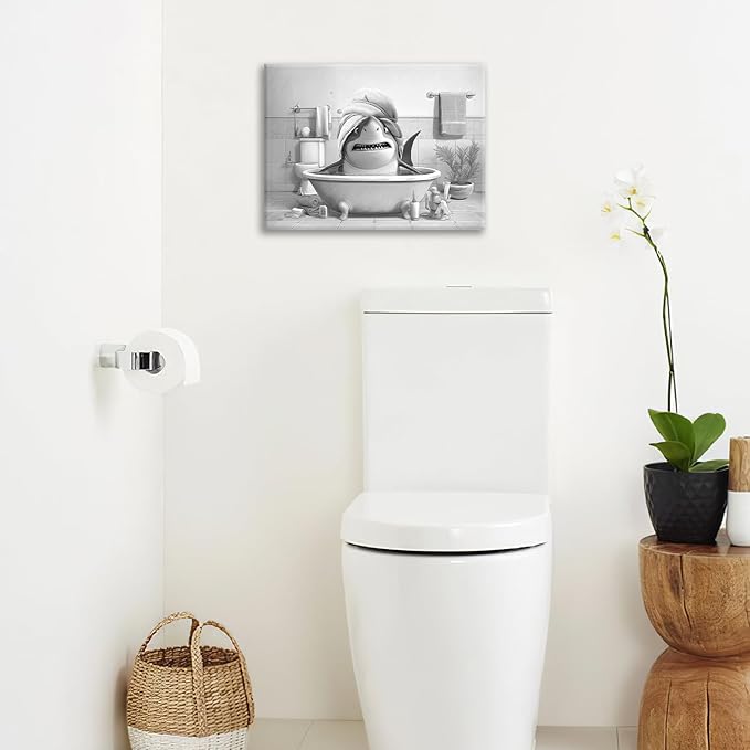 Funny Shark Bathroom Decor Wall Art Black and White Bathroom Pictures Painting Canvas Framed Toilet Humor Artwork Restroom Home Decoration Gifts for Women Girl 12"x16"