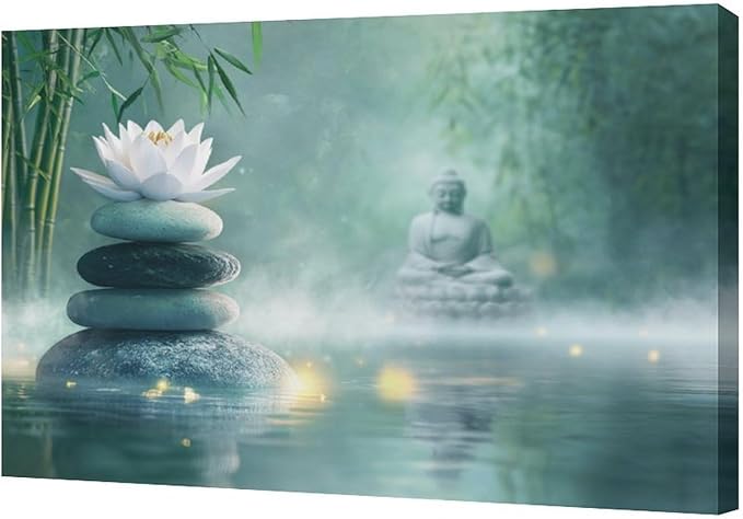 Olivine Zen Decor Wall Art, Lotus Pictures Wall Decor, Stones Flower Bloom Canvas Prints Painting, Framed Artwork for Meditation Bathroom Bedroom Living Room Office Home Decoration 24"x16"
