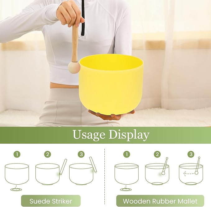 432HZ 8 Inchs E Note Yellow Frosted Crystal Singing Bowl for Meditation Healing Yoga Chakra Quartz Crystal Sound Bowls with Heavy Duty Carry Case and Rubber Mallet,Suede Striker,O-rings