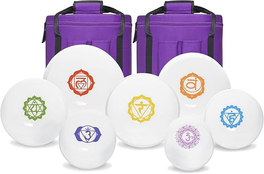 440HZ 6"-12" Set of 7 Paternoster Frosted Quartz Crystal Singing Bowl Set for Chakra Healing with 2 pcs Carrying Case