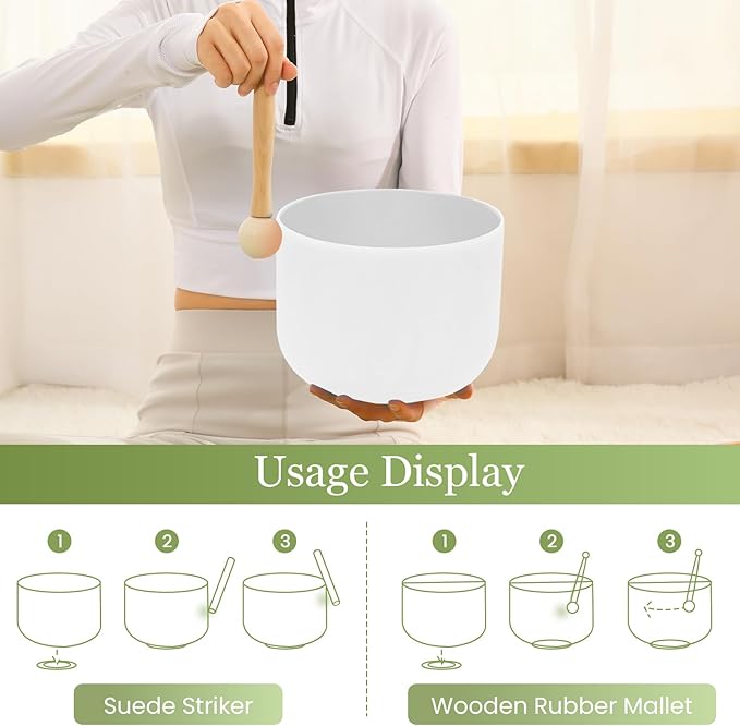 432HZ 8 Inchs B Note White Frosted Crystal Singing Bowl for Meditation Healing Yoga Chakra Quartz Crystal Sound Bowls with Heavy Duty Carry Case and Rubber Mallet,Suede Striker,O-rings