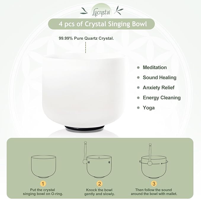 Singing Bowl Set of 4 PCS 6" A Note 8" F Note 10" G Note 12" C Note Frosted Chakra Quartz Crystal Sound bowls With Carry Case Bag.