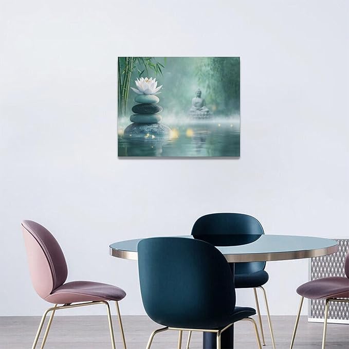 Olivine Zen Decor Wall Art, Lotus Pictures Wall Decor, Stones Flower Bloom Canvas Prints Painting, Framed Artwork for Meditation Bathroom Bedroom Living Room Office Home Decoration 20"x16"