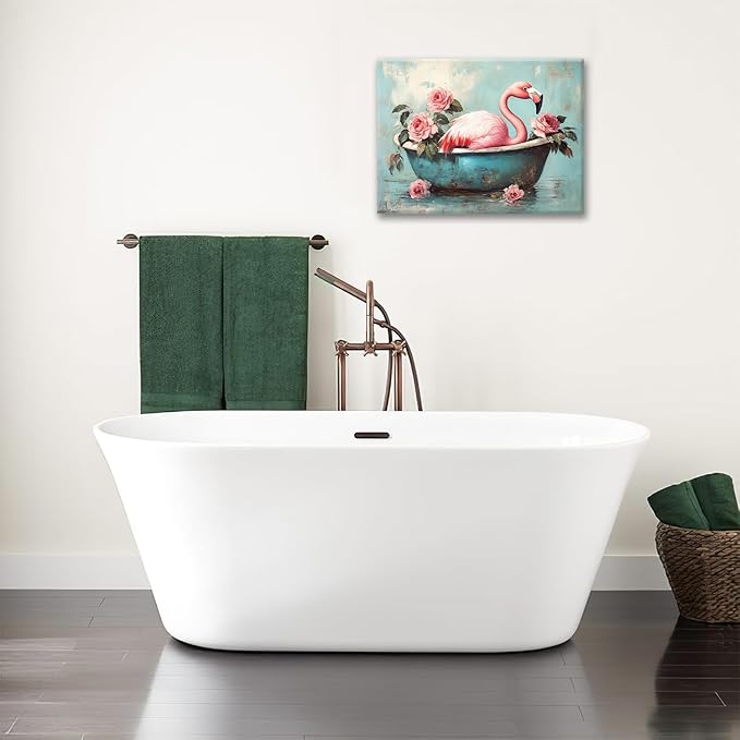 Olivine Flamingo Wall Art, Funny Animal Bathtub Pictures Wall Decor, Vintage Flamingo Bathroom Painting Tropical Animal Canvas Prints, Framed Artwork for Bedroom Living Room Office Home 20"x16"