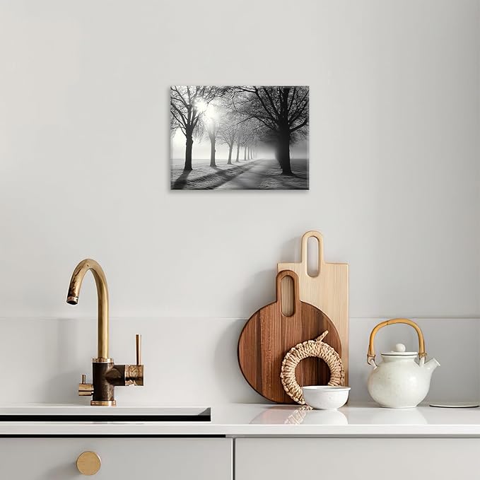 Olivine Tree Wall Art, Black And White Pictures Wall Decor, Mist Forest Painting Nature Lanscape Canvas Prints, Framed Artwork for Bathroom Bedroom Living Room Kitchen Office Home Decoration 16"x12"