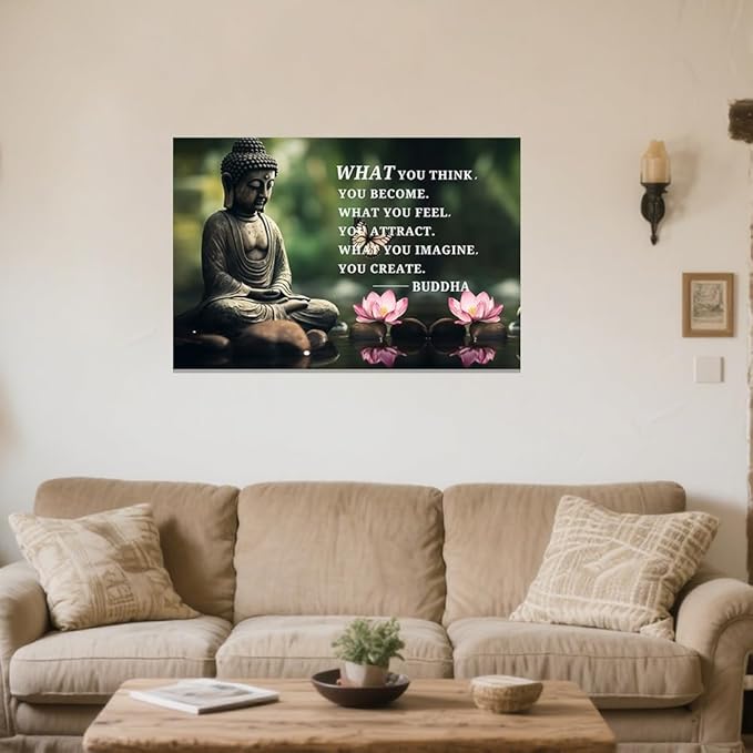 ZXHYWYM Buddhist Motivational Quotes Wall Art Canvas Prints Buddha Lotus Painting Zen Bathroom Pictures for Office Home Spa Yoga Room Wall Decor Framed (16" x 24")