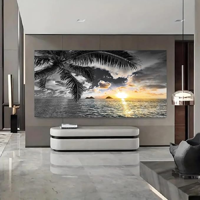 Bamdeya Large Canvas Wall Art for Bedroom Black and White Beach Wall Art Sunset Seascape Pictures Palm Prints Art Wall Decor Living Room Ocean Poster Painting Home Office Decoration Scenery Artwork