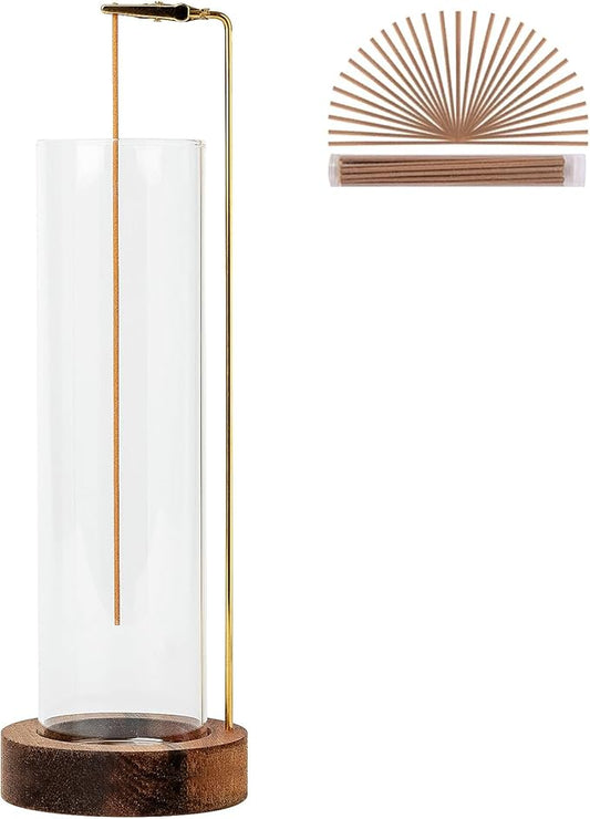 Incense Holder for Sticks, Anti-Ash Flying Incense Burner with 30 Incense Sticks, Detachable Glass Ash Catcher (Wood, Brown)