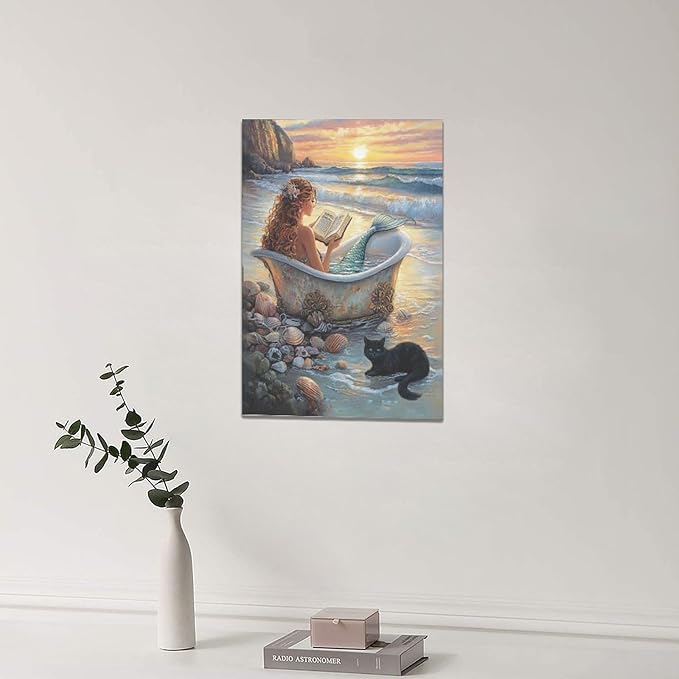 Mermaid Wall Art Beach Coastal Nautical Wall Decor Sunset Cat Pictures Canvas Painting Framed Artwork Home Decorations for Bathroom Living Room Bedroom Office 16"x24"