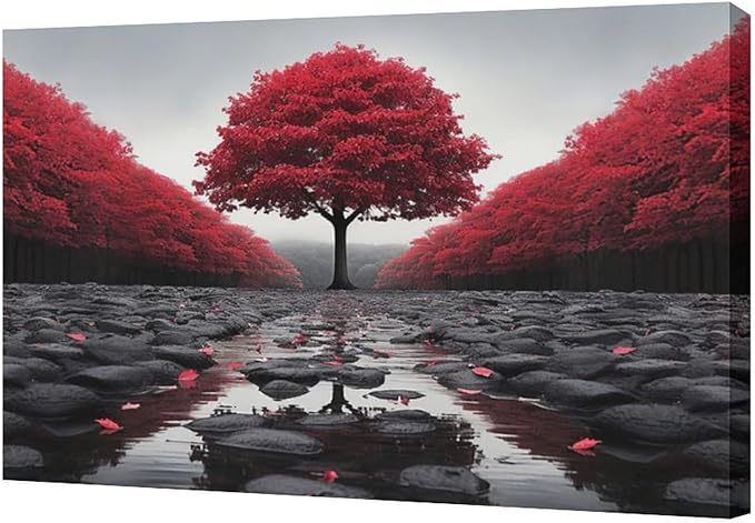 Black And Red Tree Wall Art Zen Stone Canvas Prints Pictures Large Red Tree Forest Landscape Wall Decor Modern Framed Artwork for Living Room Bedroom Office Spa Yoga 24"x16"