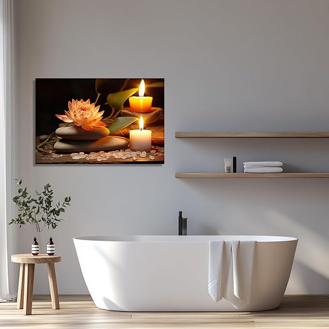 KPLUNDO Zen Canvas Wall Art - Bathroom Wall Decor Lotus Candle with Black Stones Picture Meditation Relax Artwork for Spa Yoga Spiritual Room Decor Frame(12.00x18.00 inch)