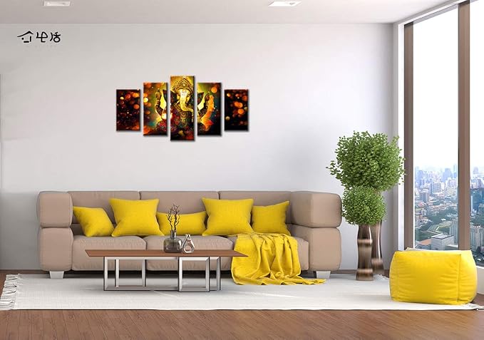 DJSYLIFE Hindu God Ganesha Wall Art Canvas Printed for Living Room Decorative Painting Modern Home Decor 5pcs HD Print Lord Ganesha Elephant Picture Art Wall Framed Ready to Hang (40" W x 22" H)