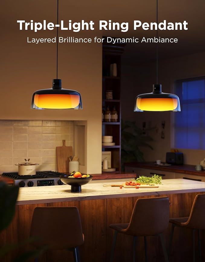 Govee Pendant Light for Kitchen Island, Three-Layer RGBIC Smart Lighting, Matter Compatible, 1300LM 2700K-6500K Dimmable Black Hanging Light Fixture Works with Alexa, Adjustable Height for Dining Room