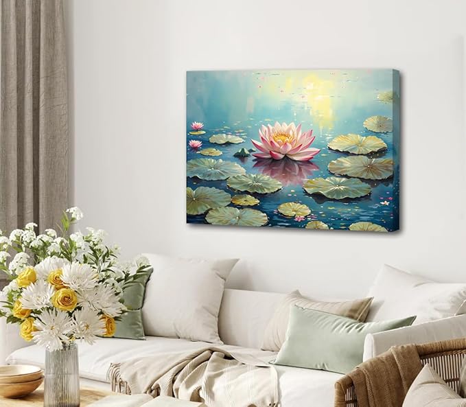 Pink Lotus Wall Art Prints,Framed Watercolor Lotus Flower Print Wall Art for Zen Office Decor Wall Art,Botanical Canvas Art Print for Bathroom Home Office Living Room Yoga Decor(12" x16)