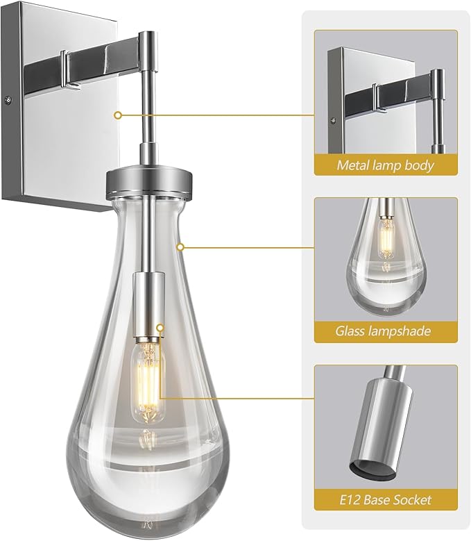 Raindrop Wall Sconces Set of Two Chrome Sconces Wall Decor Modern Brass Wall Lighting Glass Bathroom Sconces Indoor Vanity Light Wall Lamp for Bedroom Living Room Stair