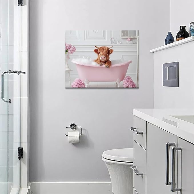 Bathroom Cow Wall Art Highland Cow Wall Decor Pink Pictures Canvas Painting Framed Artwork Home Decorations for Toilet Lavatory Living Room Bedroom 16"x12"