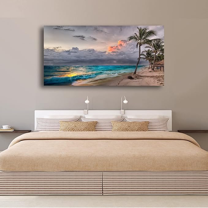 Beach Pictures Wall Art Canvas Prints Seascape Poster Bathroom Decor Blue Ocean Green Tree Painting for Living Room Bedroom Home Kitchen Decoration 20x40 Wooden Frame Natural Landscape Artwork