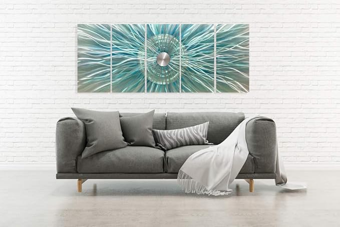 RICHSPACE ARTS Aqua Teal and Silver Sculpture Decor Large 3d Modern Contemporary Metal Wall Art Oversized Abstract Painting Artwork on Aluminum for Living Room Bedroom Office Walls