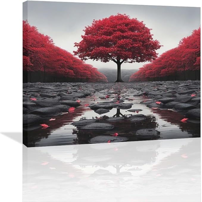 Black And Red Tree Wall Art Zen Stone Canvas Prints Pictures Large Red Tree Forest Landscape Wall Decor Modern Framed Artwork for Living Room Bedroom Office Spa Yoga 24"x20"