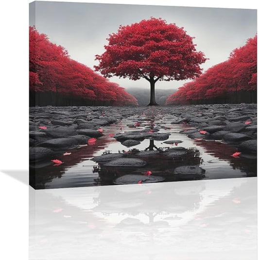 Black And Red Tree Wall Art Zen Stone Canvas Prints Pictures Large Red Tree Forest Landscape Wall Decor Modern Framed Artwork for Living Room Bedroom Office Spa Yoga 24"x20"