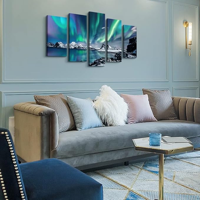 Large Canvas Wall Art Set - Blue Aurora Scenery Paintings for Living Room, Bedroom & Office - Modern Canvas Art Prints Ready to Hang - 5 Piece Set