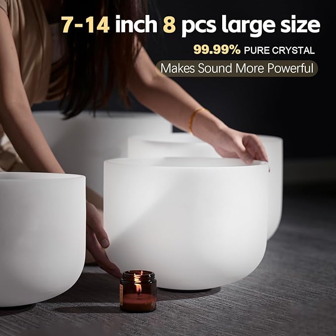 432HZ 7-14 Inch Set Of 8 PCS Frosted Chakra Quartz Crystal Singing Bowls for Sound Healing with 2 PCS Travel Carry Case Bag