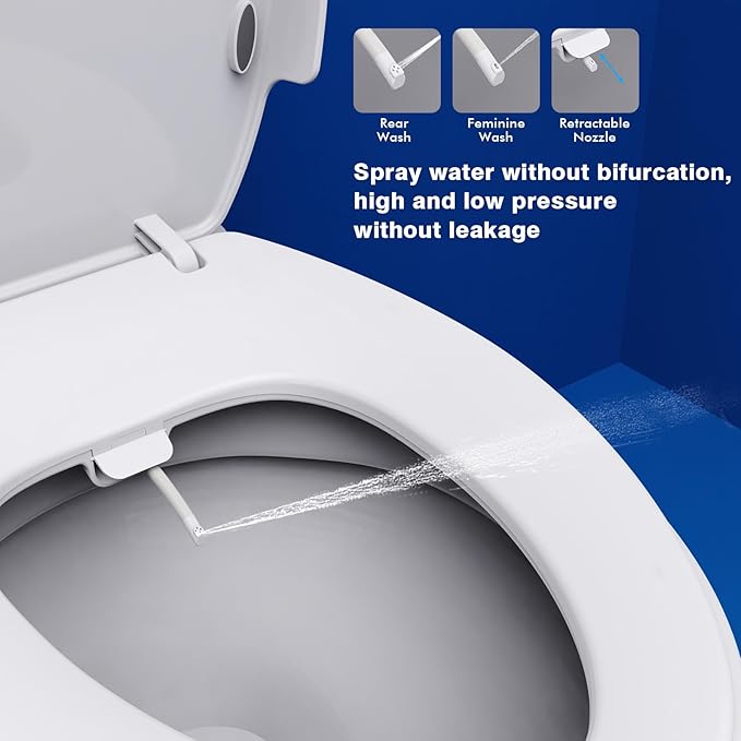 Non-Electric Elongated Bidet Toilet Seat with Dual Nozzle - Front & Rear Wash, Quiet-Close Lid, Adjustable Pressure, Easy Installation, Hygienic Fresh Water Bidet (Elongated)