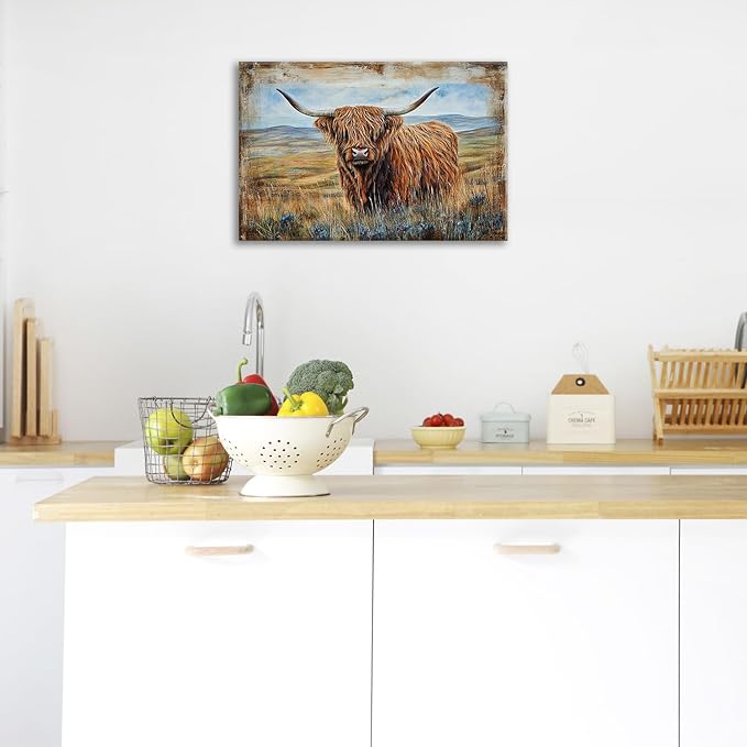 Olivine Highland Cow Wall Art, Rustic Farmhouse Cow Pictures Wall Decor, Country Painting Canvas Prints, Framed Artwork for Bathroom Bedroom Living Room Office Home Decoration 24"x16"