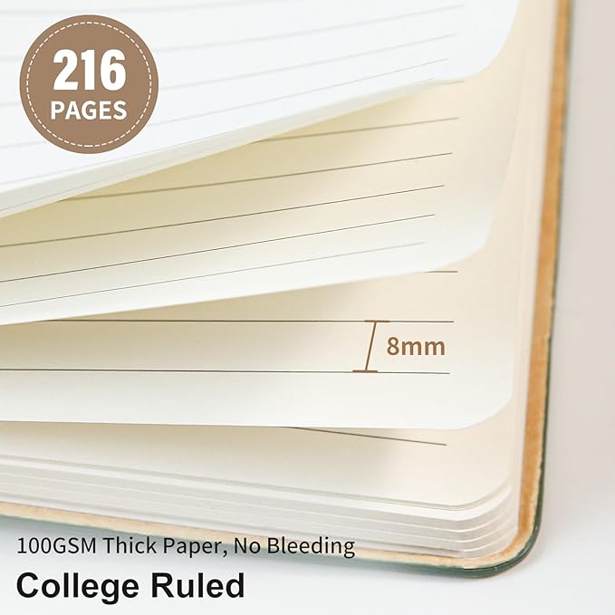 Lined Journal Notebook for Work College Ruled Note Book 5.79"x8.27" A5 PU Leather Daily Journaling 216 Pages for Women Men Writing Home School Supplies Business (A5 Lined 216pages, 01-Khaki)