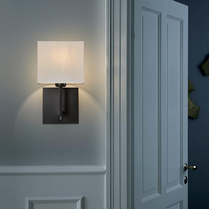 TERLEENART Modern Hard Wired Wall Sconces Set of 2 with on/Off Switch and Square White Fabric Shade,Wall Mounted Light for Living Room Fireplace Mantel Foyer Hallway