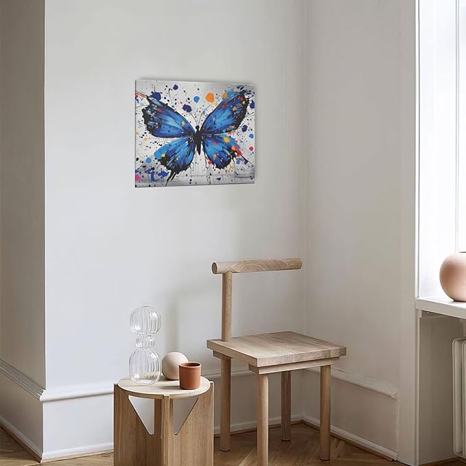 Banksy Butterfly Wall Art Blue Butterfly Street Art Graffiti Wall Decor Pictures Painting Canvas Artwork Framed Decoration Gifts for Women Girl Living Room Bedroom Office 20"x24"