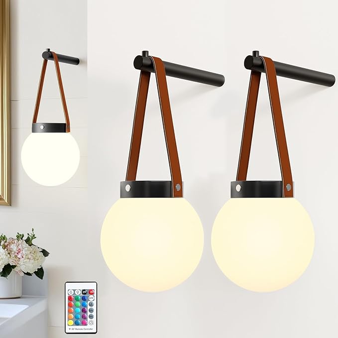 Battery Operated Wall Sconces Set of 2, Wireless Globe Wall Lights with Remote Control Warm/Natural/Daylight/RGB Dimmable Wall Lamps Bedroom Living Room, Decorative Lights with Dim Lighting Effect