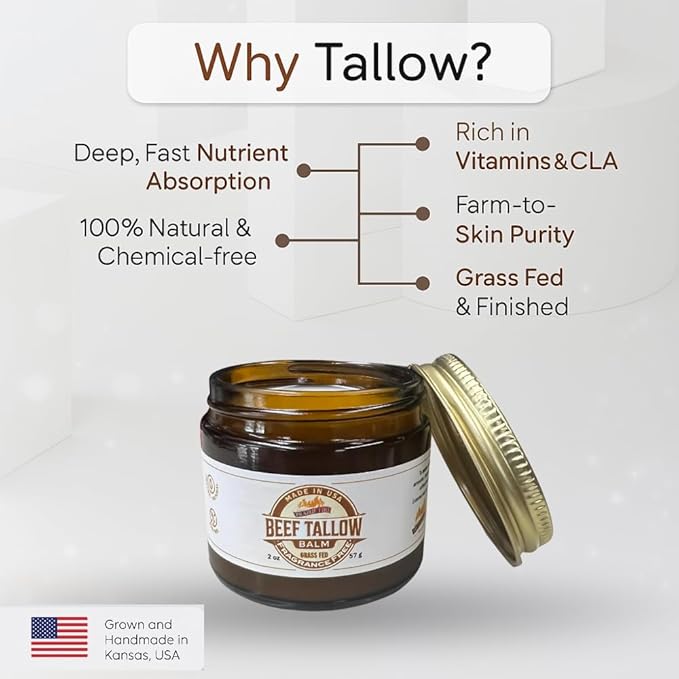 Beef Tallow Balm - 2 oz - Grown and Made in USA - Organic Grass Fed and Finished Tallow - Moisturizing Skin Care Lemon